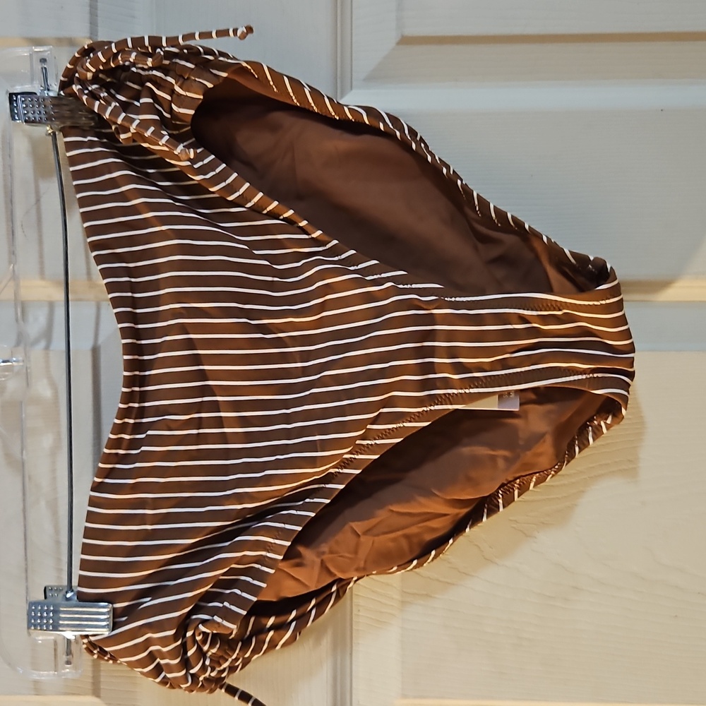 CALIA Mid Rise Ruched Side Swim Bottom: Yucatan Stripe Cinnamon: NWT: SZ L